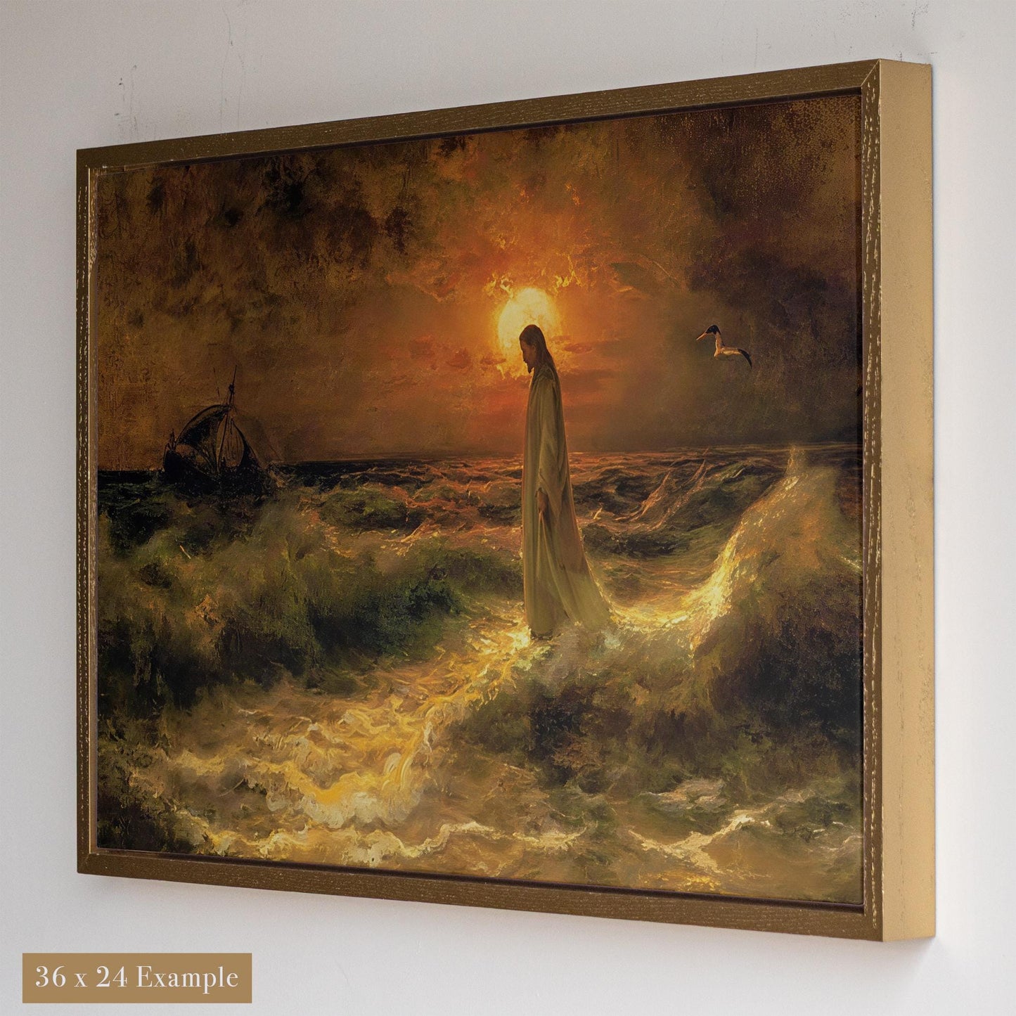 Jesus Walking on Water Canvas | Framed Christian Wall Art | Bible Verse Decor for Prayer Room or Office