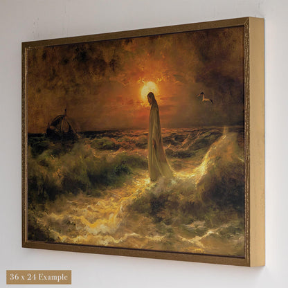 Jesus Walking on Water Canvas | Framed Christian Wall Art | Bible Verse Decor for Prayer Room or Office
