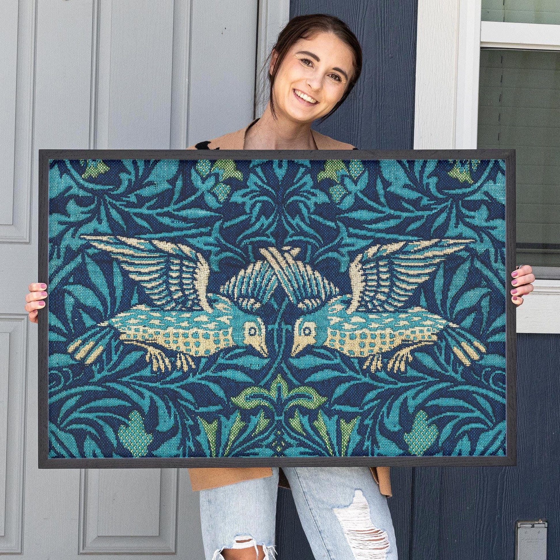 Framed Botanical Nature Pattern Tapestry Wall Art | Bird Art Print | Blue Green Tone Decor for Bedroom, Living Room | WM16