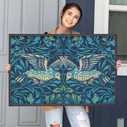 Framed Botanical Nature Pattern Tapestry Wall Art | Bird Art Print | Blue Green Tone Decor for Bedroom, Living Room | WM16