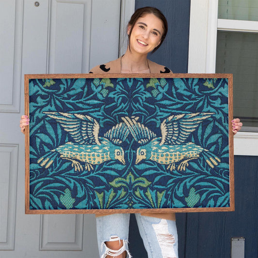 Framed Botanical Nature Pattern Tapestry Wall Art | Bird Art Print | Blue Green Tone Decor for Bedroom, Living Room | WM16