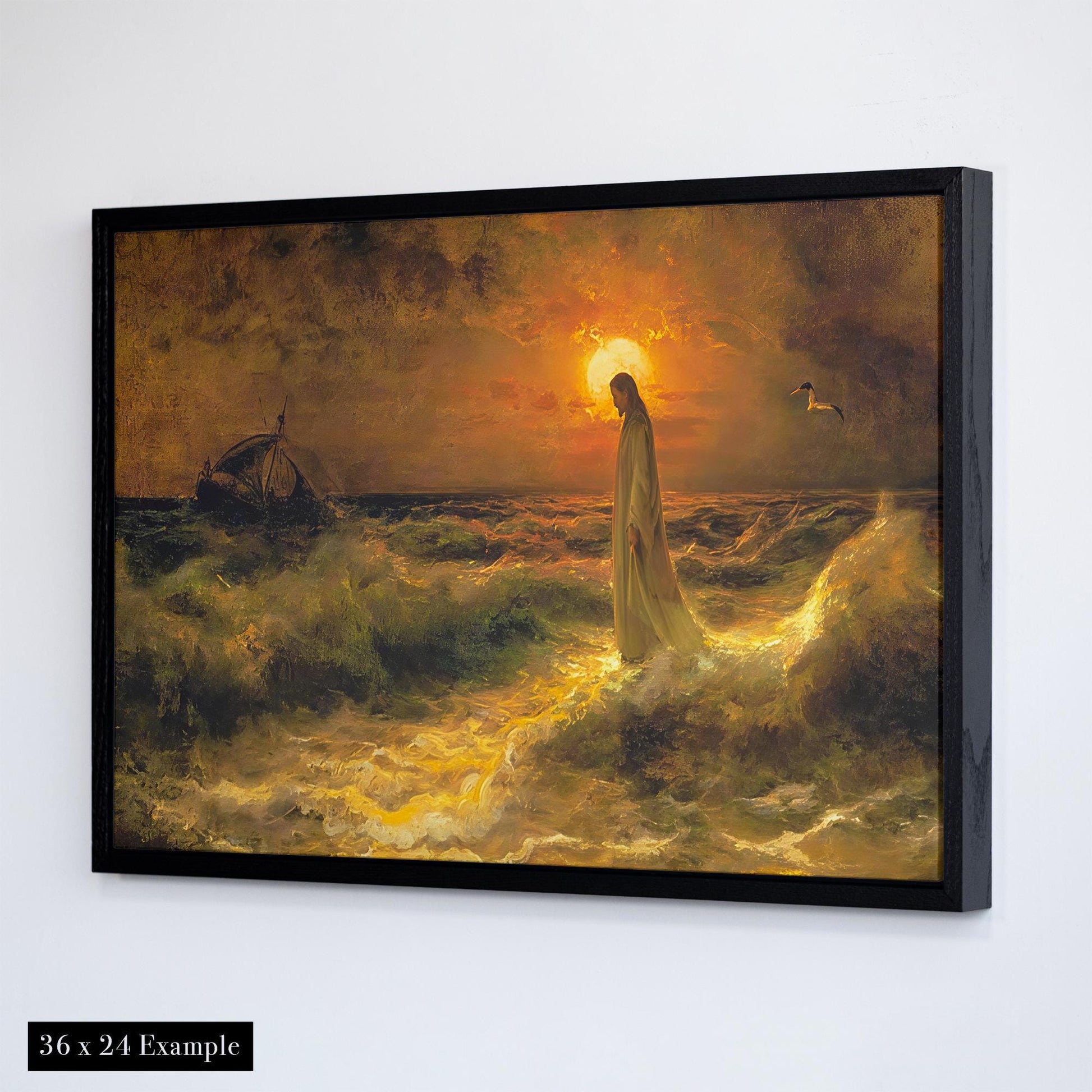 A solid oak framed canvas art print depicting a figure walking on water with a boat in the distance. The scene is set against a stormy sky with a golden sunset. The text 'Solid Oak-Framed Canvas Art handcrafted by: ELEVARE CANVASES' is below the image. The text '36 x 24 Example' is below the text.