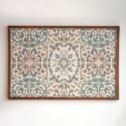 Vintage Tile Pattern Wall Art | Oak Framed Canvas Print for Kitchen, Entryway or Hallway | Boho Farmhouse Tile Decor | WM22