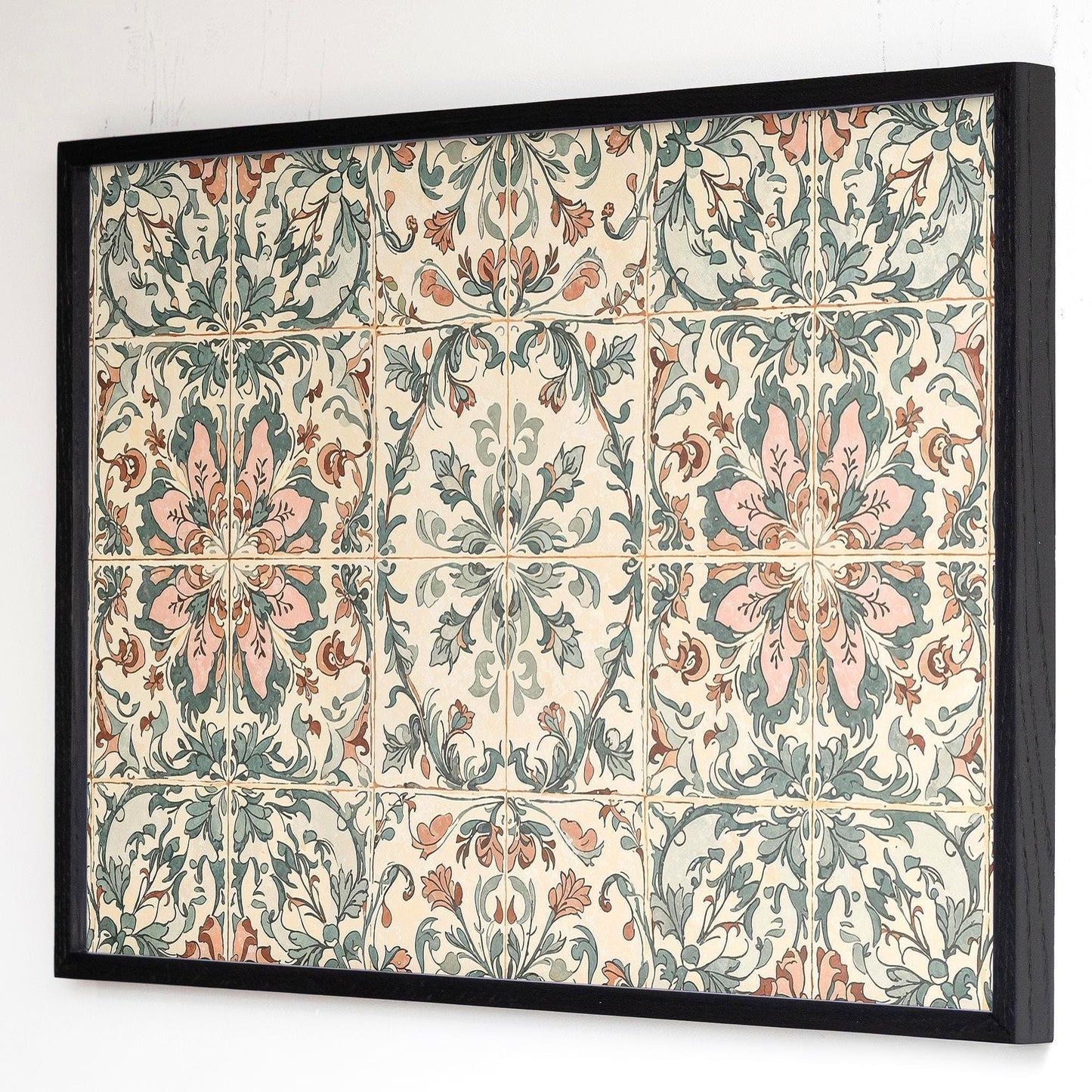 Vintage Tile Pattern Wall Art | Oak Framed Canvas Print for Kitchen, Entryway or Hallway | Boho Farmhouse Tile Decor | WM22