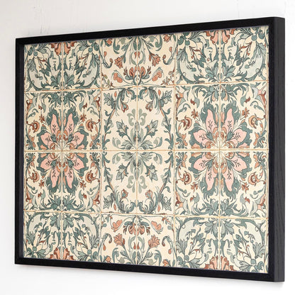 Vintage Tile Pattern Wall Art | Oak Framed Canvas Print for Kitchen, Entryway or Hallway | Boho Farmhouse Tile Decor | WM22