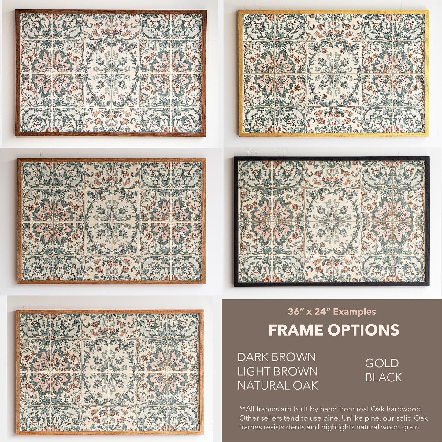 Vintage Tile Pattern Wall Art | Oak Framed Canvas Print for Kitchen, Entryway or Hallway | Boho Farmhouse Tile Decor | WM22