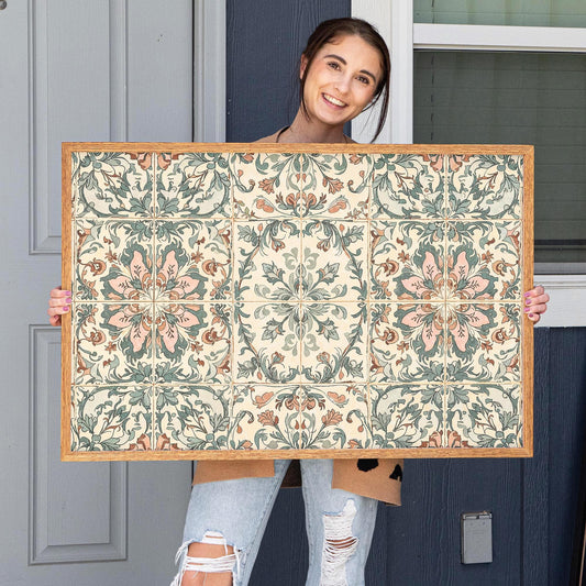 Vintage Tile Pattern Wall Art | Oak Framed Canvas Print for Kitchen, Entryway or Hallway | Boho Farmhouse Tile Decor | WM22