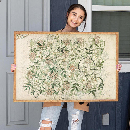 Vintage Botanical Oak Framed Wall Art | Vintage Floral Canvas Print in Soft Green & Neutral Tones for Entryway, Cottagecore Decor | WM24