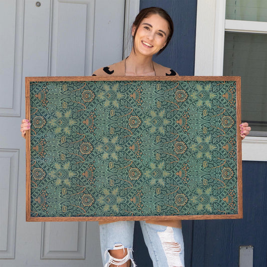 Cottagecore Floral Framed Wall Art | Vintage Botanical Canvas Print | Green Textile Pattern Art for Entryway or Living Room | WM20