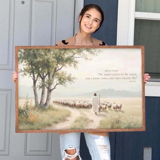 Good Shepherd Framed Art | Scripture Wall Art | John 10:27 Art | Jesus and His Sheep Canvas | Faith-Based Home Decor | Lost Sheep