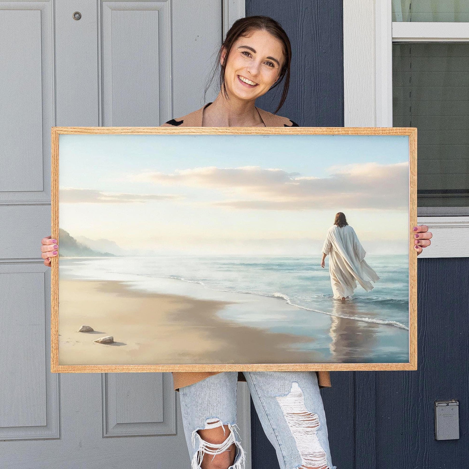 Jesus Framed Wall Art | Large Jesus Walking on Water Canvas | Christian Wall Decor | Peaceful Christian Art