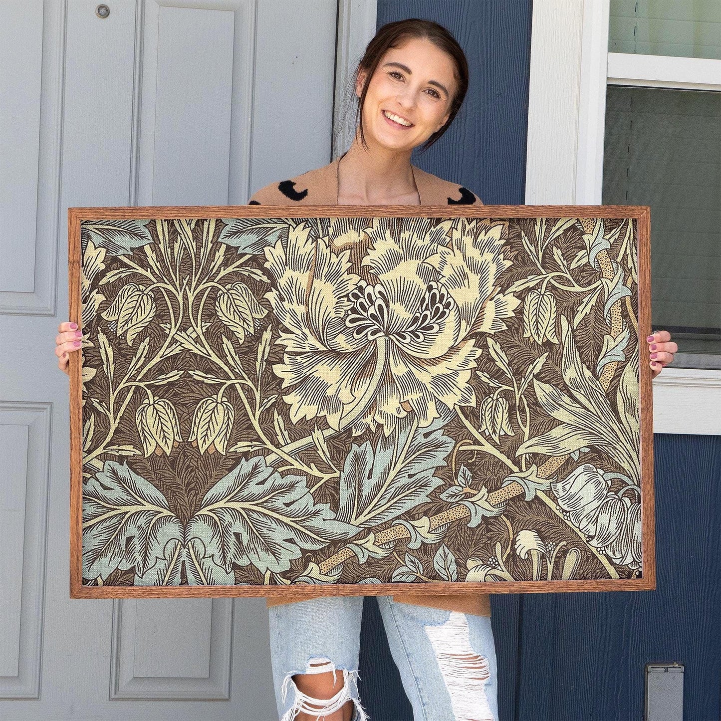 Framed Morris Pattern Art | Victorian Botanical Style Canvas | Vintage Floral Wall Decor in Earth Tones | WM2