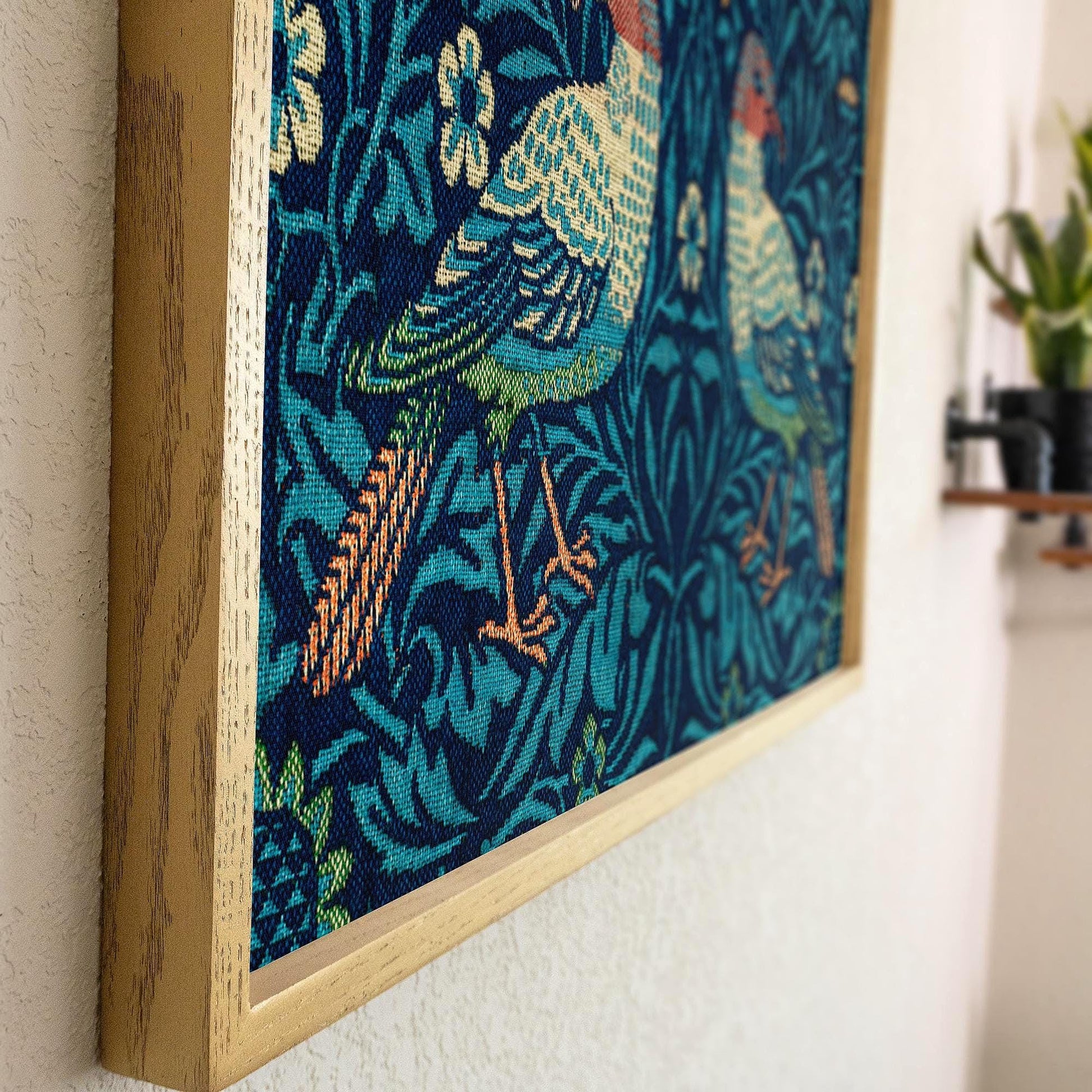 Framed Morris Textile Art | Victorian Textile Style Canvas | Vintage Bird Art in Blue Tones | WM3