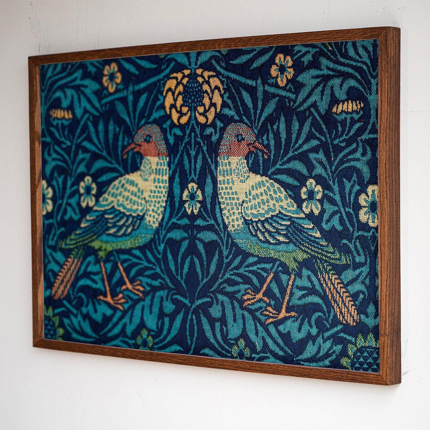 Framed Morris Textile Art | Victorian Textile Style Canvas | Vintage Bird Art in Blue Tones | WM3