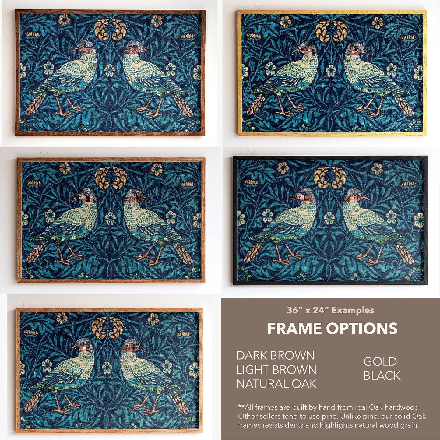 Framed Morris Textile Art | Victorian Textile Style Canvas | Vintage Bird Art in Blue Tones | WM3