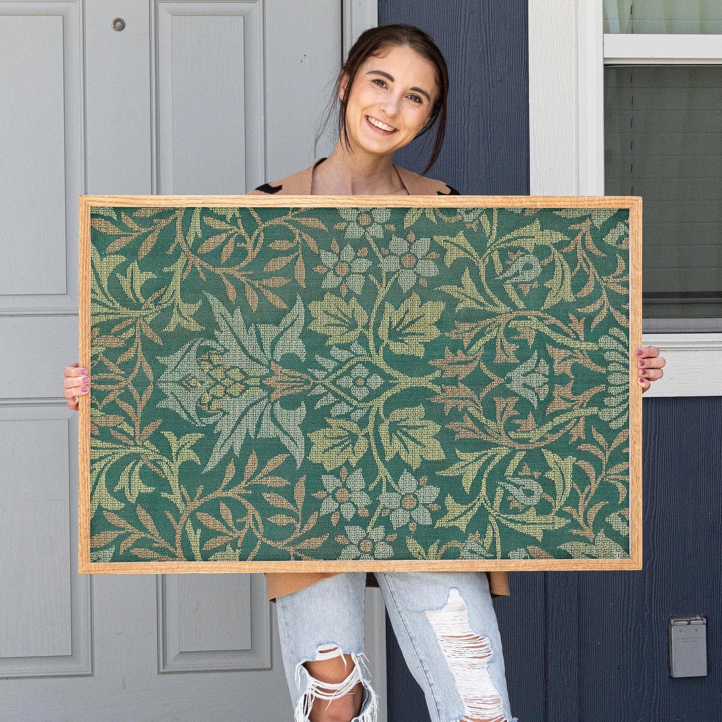 Morris Pattern Framed Art | Woven Style Wall Decor in Green | Oak Framed Botanical Tapestry Print for Living Room | WM5