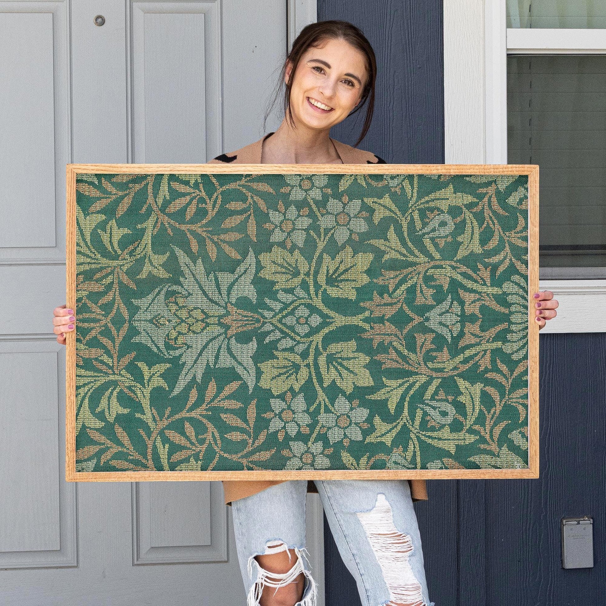 Morris Pattern Framed Art | Woven Style Wall Decor in Green | Oak Framed Botanical Tapestry Print for Living Room | WM5