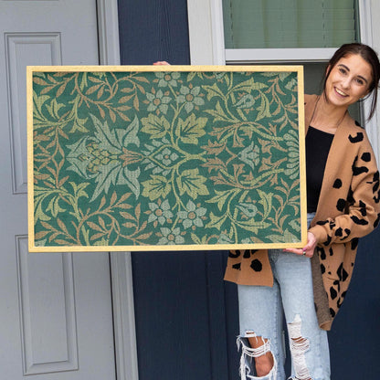 Morris Pattern Framed Art | Woven Style Wall Decor in Green | Oak Framed Botanical Tapestry Print for Living Room | WM5