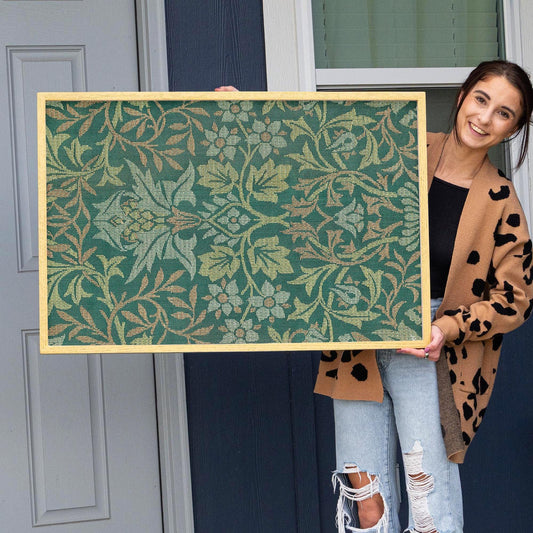 Morris Pattern Framed Art | Woven Style Wall Decor in Green | Oak Framed Botanical Tapestry Print for Living Room | WM5