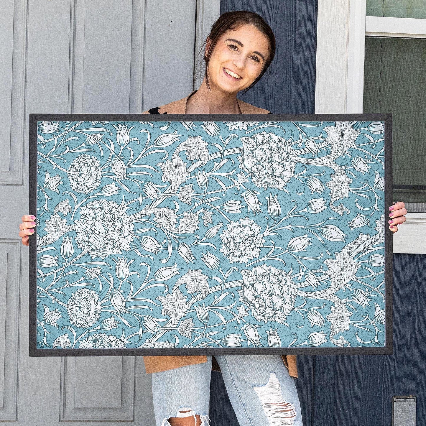 Morris Textile Framed Art | Floral Pattern Canvas | Blue Flower Print | Oak Framed Victorian Botanical Art for Bedroom or Living Room | WM6