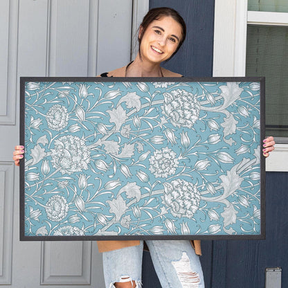 Morris Textile Framed Art | Floral Pattern Canvas | Blue Flower Print | Oak Framed Victorian Botanical Art for Bedroom or Living Room | WM6
