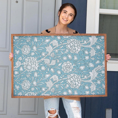 Morris Textile Framed Art | Floral Pattern Canvas | Blue Flower Print | Oak Framed Victorian Botanical Art for Bedroom or Living Room | WM6