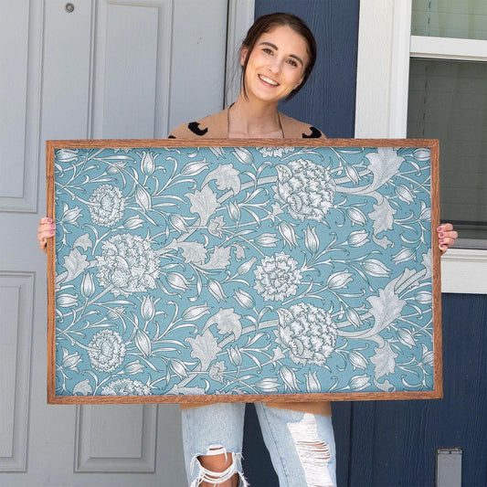 Morris Textile Framed Art | Floral Pattern Canvas | Blue Flower Print | Oak Framed Victorian Botanical Art for Bedroom or Living Room | WM6