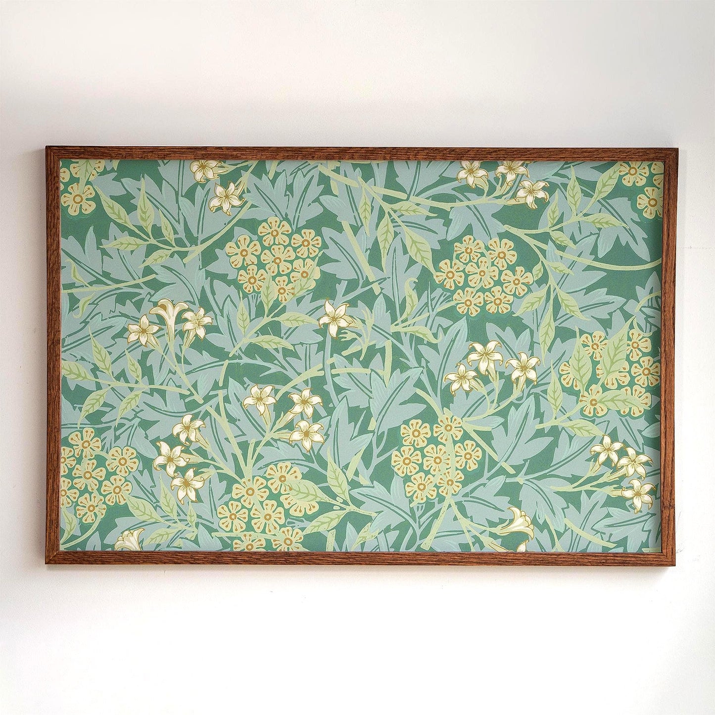 Botanical Pattern Framed Art | Green Floral Canvas | Oak Framed Wildflower Garden Wall Art for Bedroom or Living Room | WM8