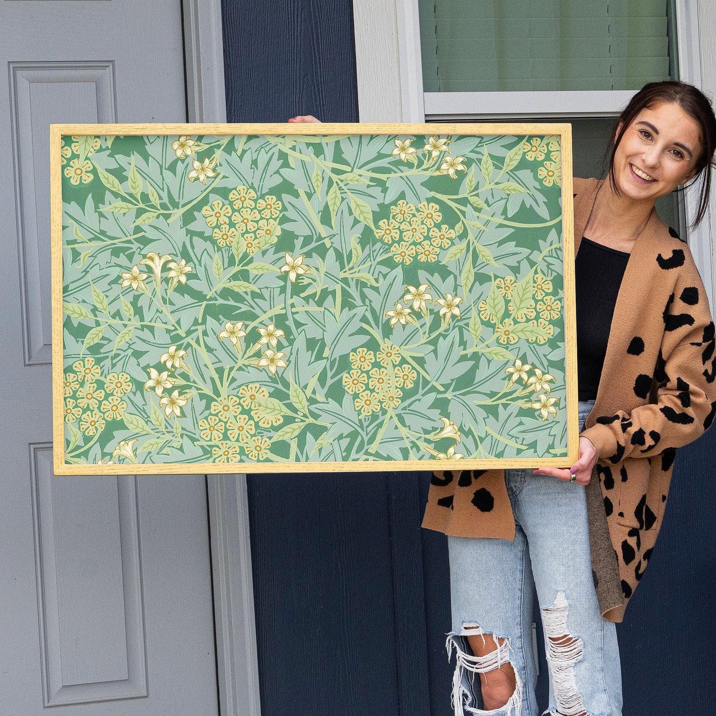 Botanical Pattern Framed Art | Green Floral Canvas | Oak Framed Wildflower Garden Wall Art for Bedroom or Living Room | WM8