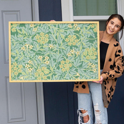 Botanical Pattern Framed Art | Green Floral Canvas | Oak Framed Wildflower Garden Wall Art for Bedroom or Living Room | WM8
