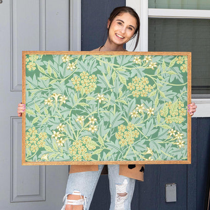 Botanical Pattern Framed Art | Green Floral Canvas | Oak Framed Wildflower Garden Wall Art for Bedroom or Living Room | WM8