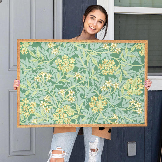 Botanical Pattern Framed Art | Green Floral Canvas | Oak Framed Wildflower Garden Wall Art for Bedroom or Living Room | WM8