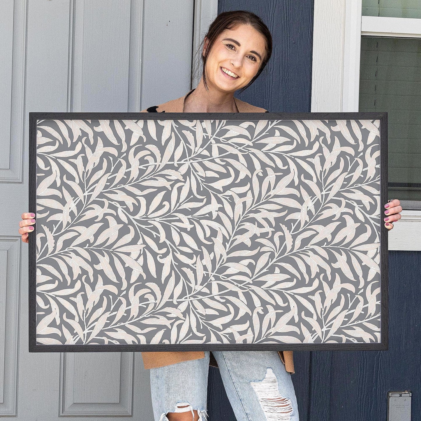 Neutral Grey Leafy Pattern Framed Art | Minimalist Floral Canvas | Oak Framed Botanical Wall Art for Bedroom or Living Room | WM9