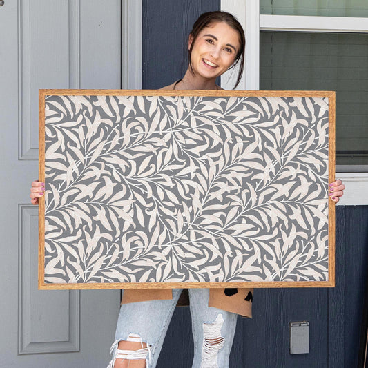 Neutral Grey Leafy Pattern Framed Art | Minimalist Floral Canvas | Oak Framed Botanical Wall Art for Bedroom or Living Room | WM9