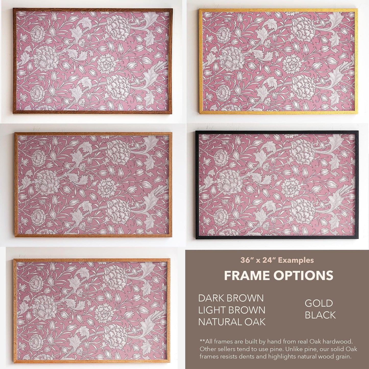 Pink Floral Pattern Framed Art | Vintage Botanical Canvas | Oak Framed Floral Accent Print for Bedroom or Living Room | WM11
