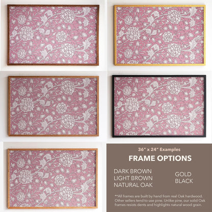 Pink Floral Pattern Framed Art | Vintage Botanical Canvas | Oak Framed Floral Accent Print for Bedroom or Living Room | WM11