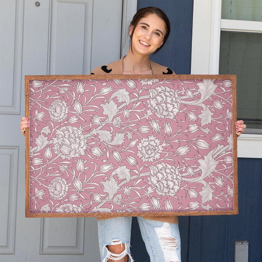 Pink Floral Pattern Framed Art | Vintage Botanical Canvas | Oak Framed Floral Accent Print for Bedroom or Living Room | WM11