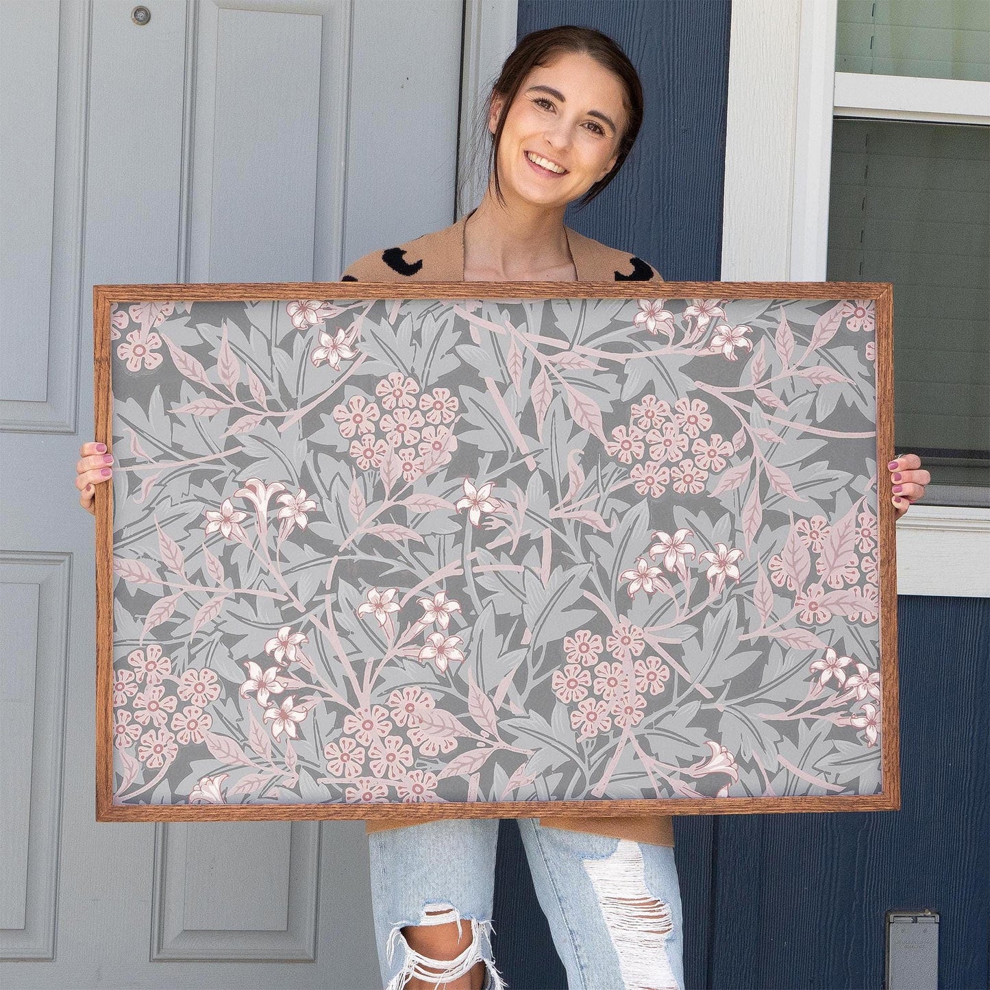 Blush Floral Framed Wall Art | Botanical Pattern Canvas Print | Oak Framed Abstract Pattern Print for Bedroom, Living Room | WM13