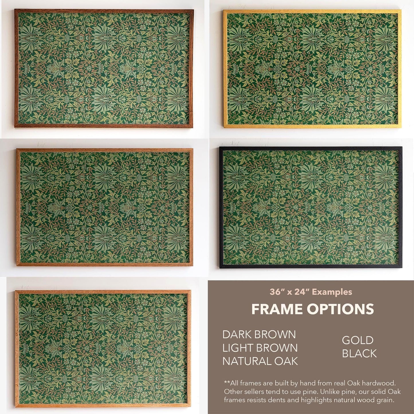 Botanical Textile Pattern Framed Wall Art | Oak Framed Green Floral Pattern Print for Bedroom, Living Room | WM14