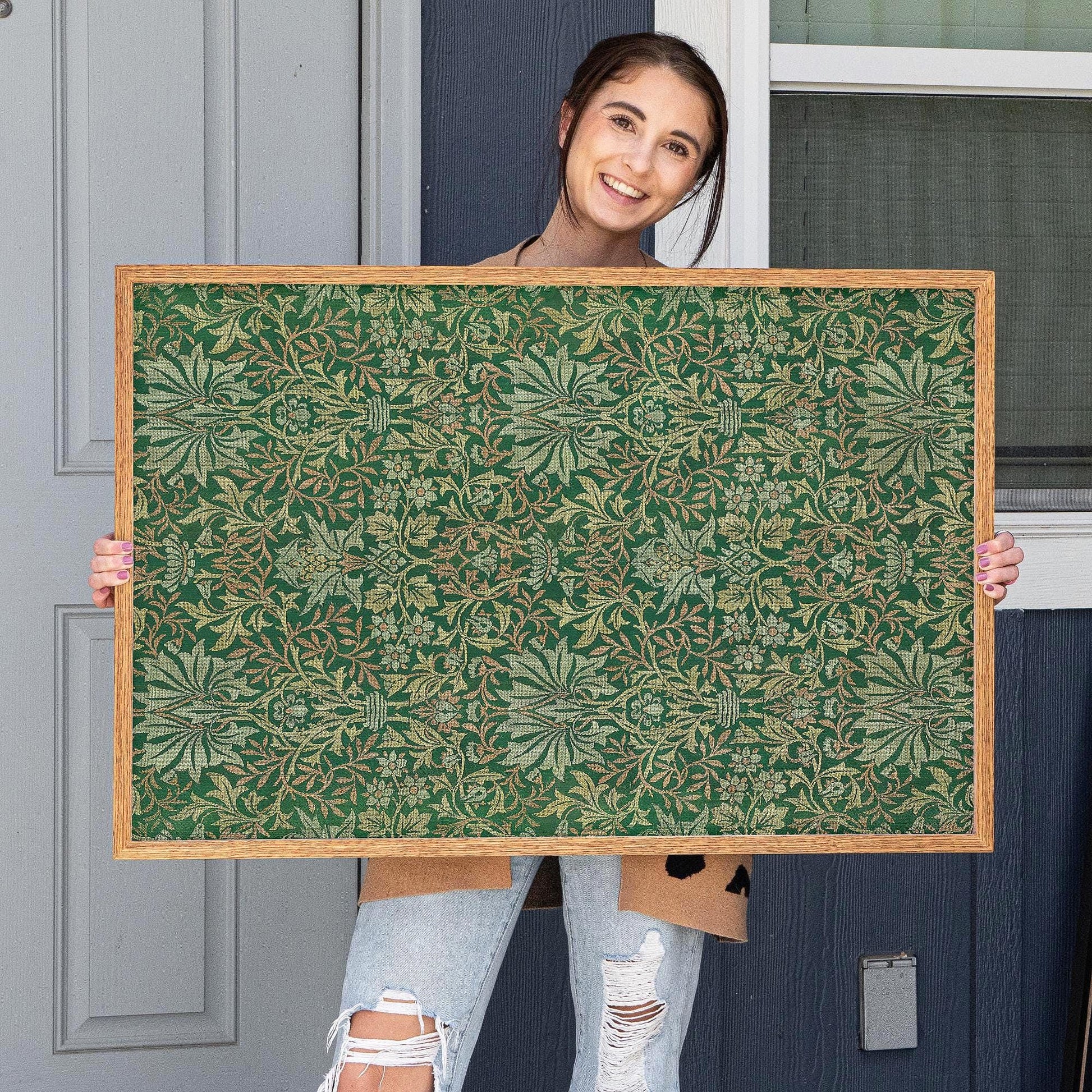 Botanical Textile Pattern Framed Wall Art | Oak Framed Green Floral Pattern Print for Bedroom, Living Room | WM14