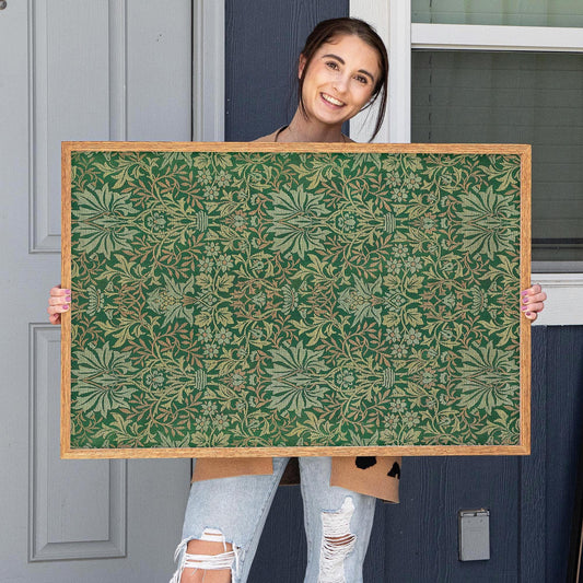 Botanical Textile Pattern Framed Wall Art | Oak Framed Green Floral Pattern Print for Bedroom, Living Room | WM14