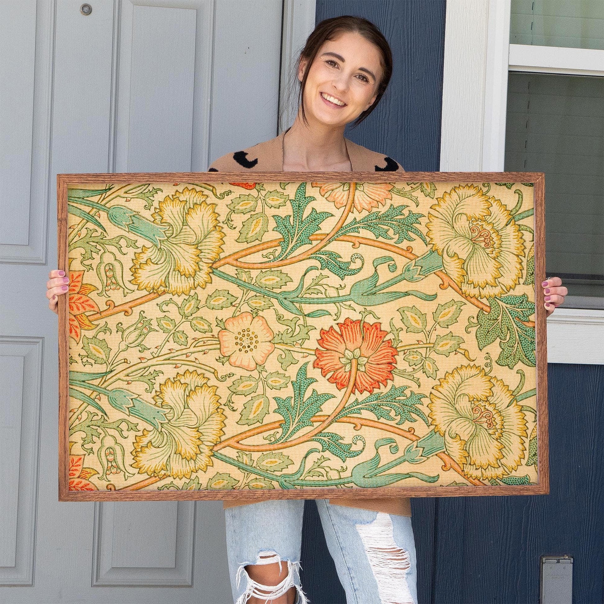 Vintage Botanical Pattern Framed Wall Art | Classic Floral Print | Warm Tone Decor for Bedroom, Living Room | WM15