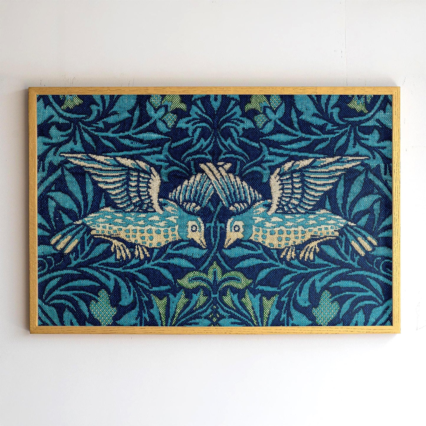 Framed Botanical Nature Pattern Tapestry Wall Art | Bird Art Print | Blue Green Tone Decor for Bedroom, Living Room | WM16