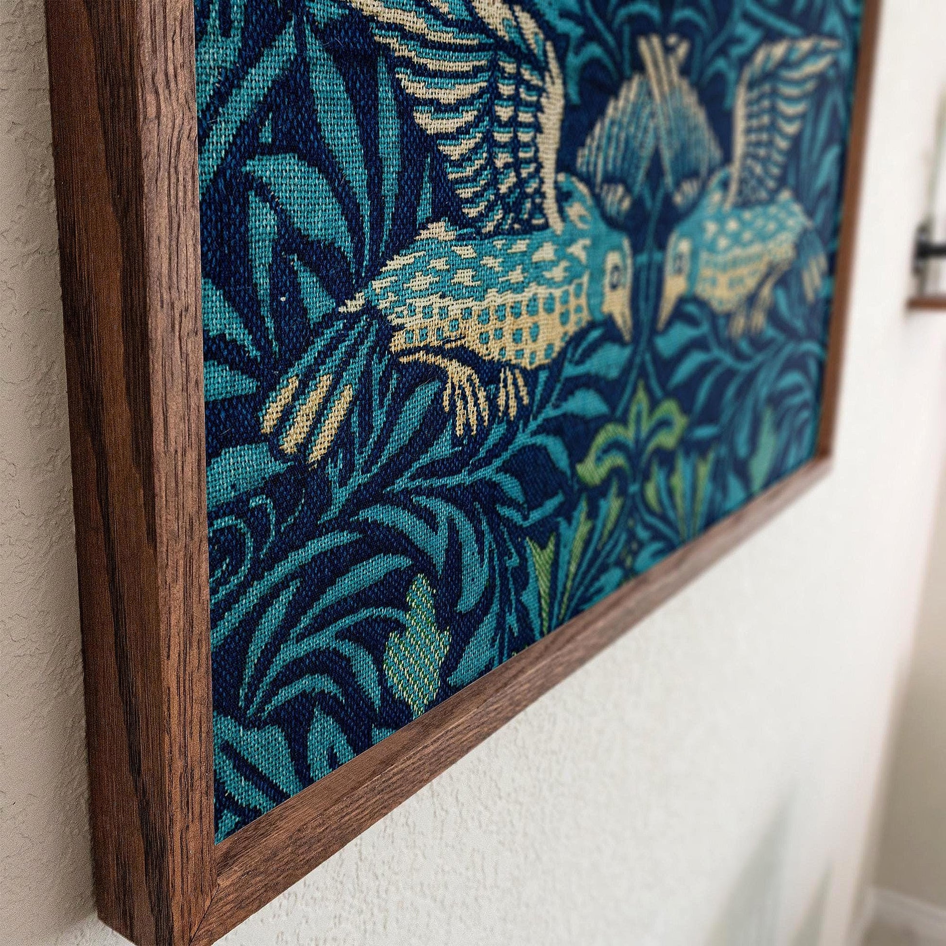 Framed Botanical Nature Pattern Tapestry Wall Art | Bird Art Print | Blue Green Tone Decor for Bedroom, Living Room | WM16