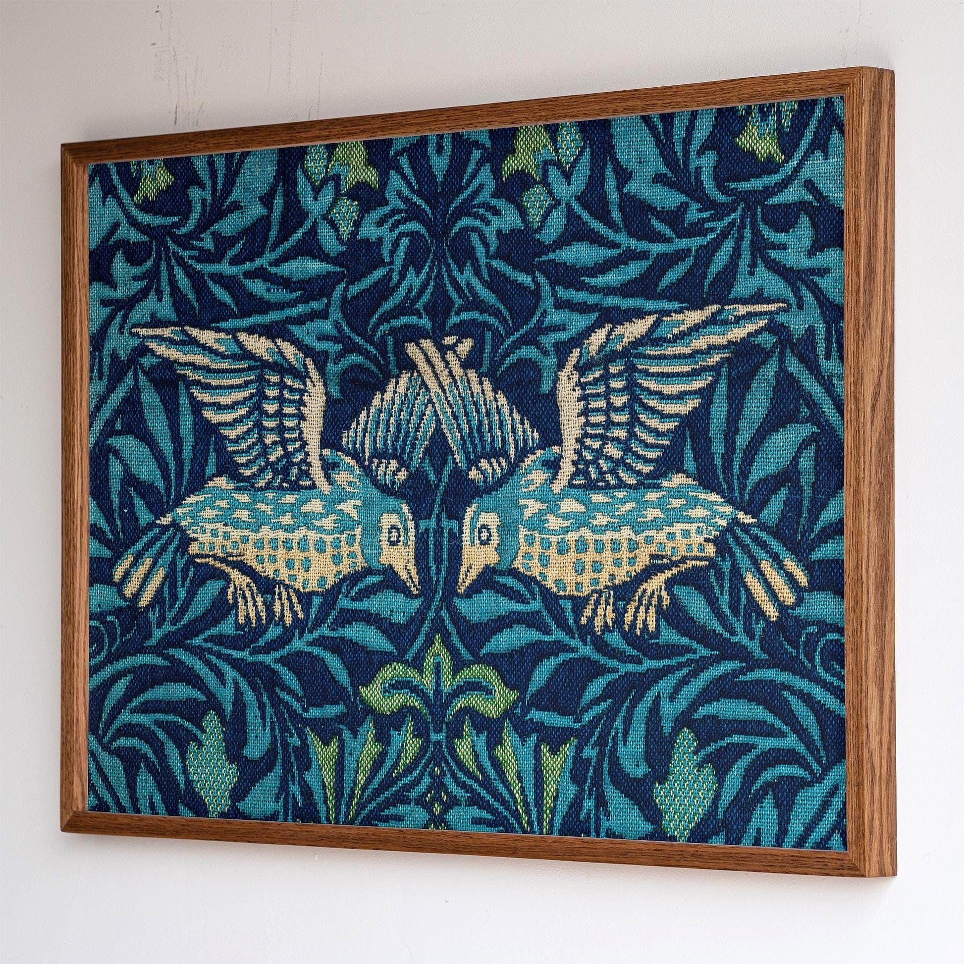 Framed Botanical Nature Pattern Tapestry Wall Art | Bird Art Print | Blue Green Tone Decor for Bedroom, Living Room | WM16