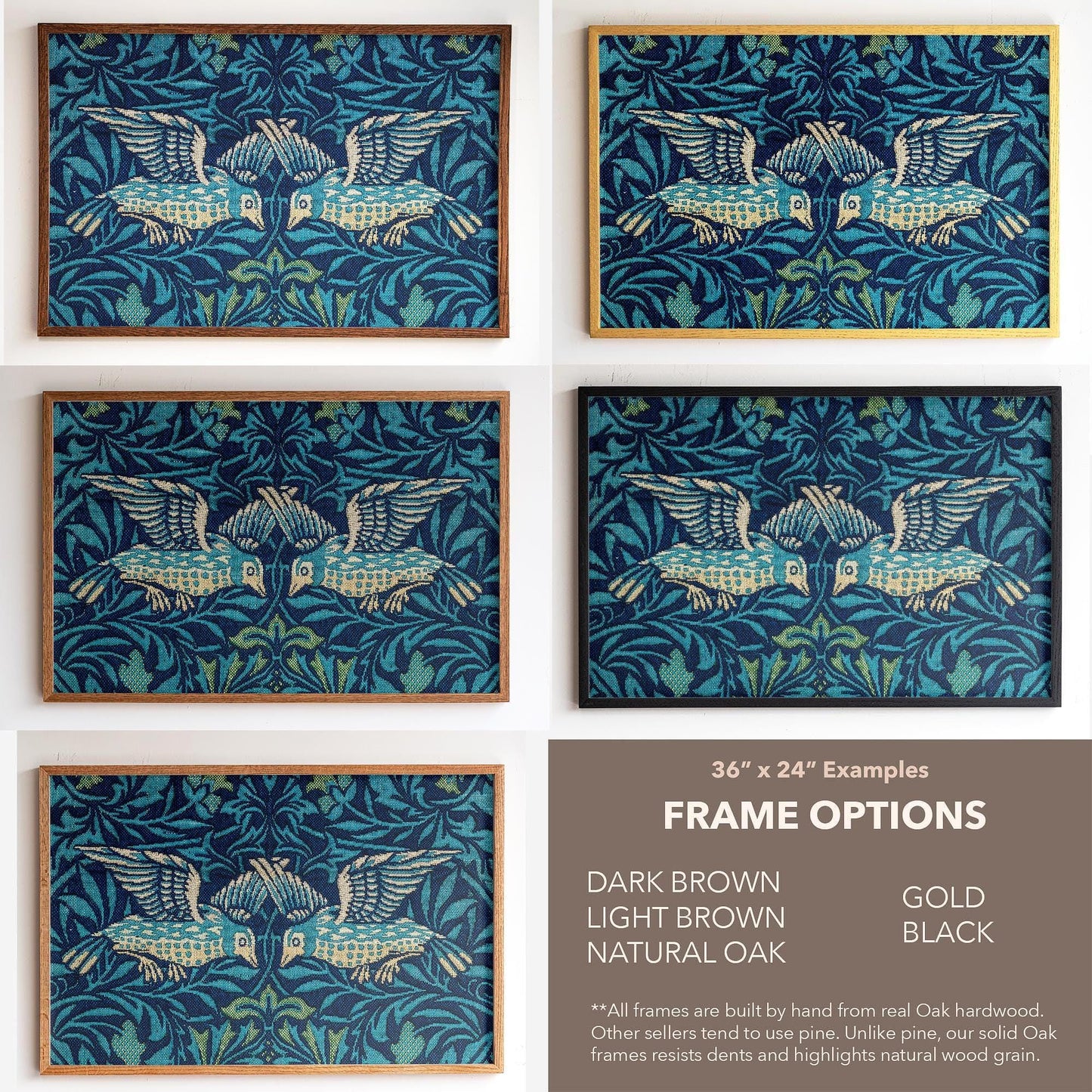 Framed Botanical Nature Pattern Tapestry Wall Art | Bird Art Print | Blue Green Tone Decor for Bedroom, Living Room | WM16