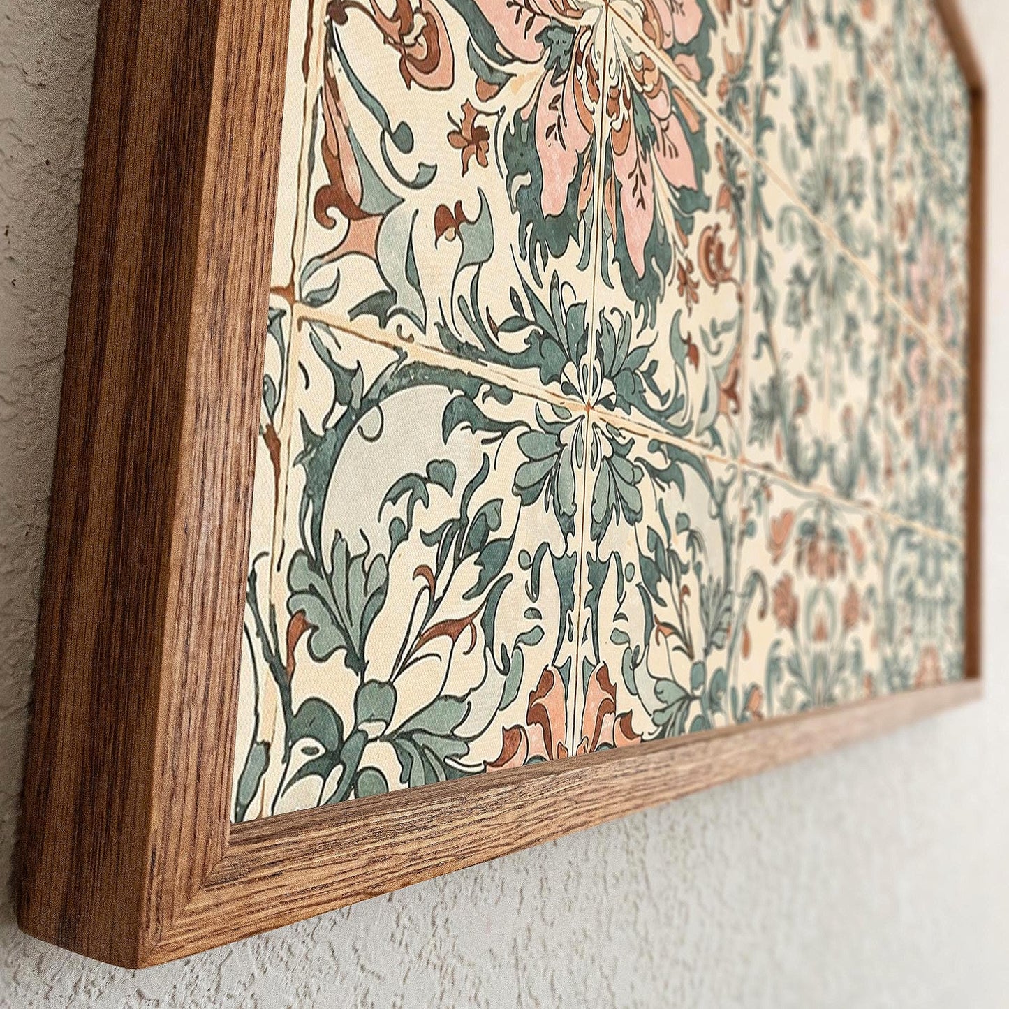 Vintage Tile Pattern Wall Art | Oak Framed Canvas Print for Kitchen, Entryway or Hallway | Boho Farmhouse Tile Decor | WM22