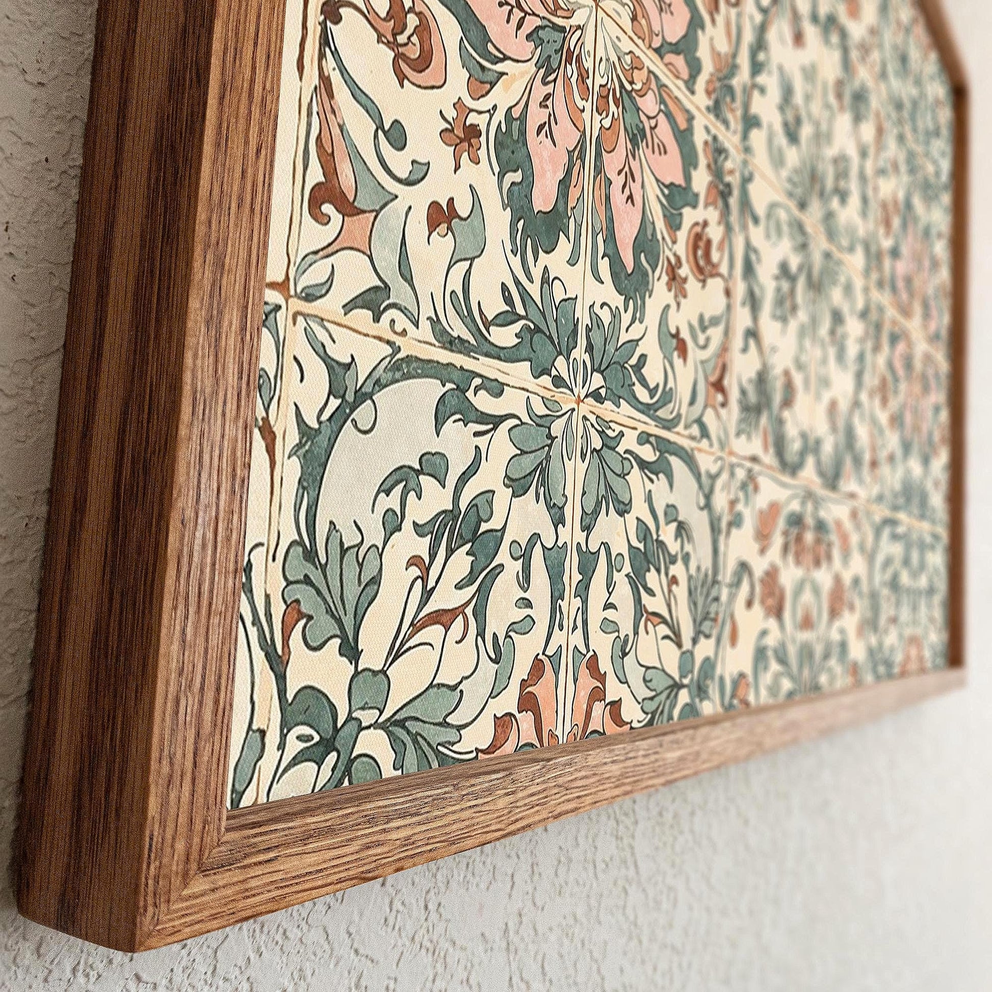 Vintage Tile Pattern Wall Art | Oak Framed Canvas Print for Kitchen, Entryway or Hallway | Boho Farmhouse Tile Decor | WM22