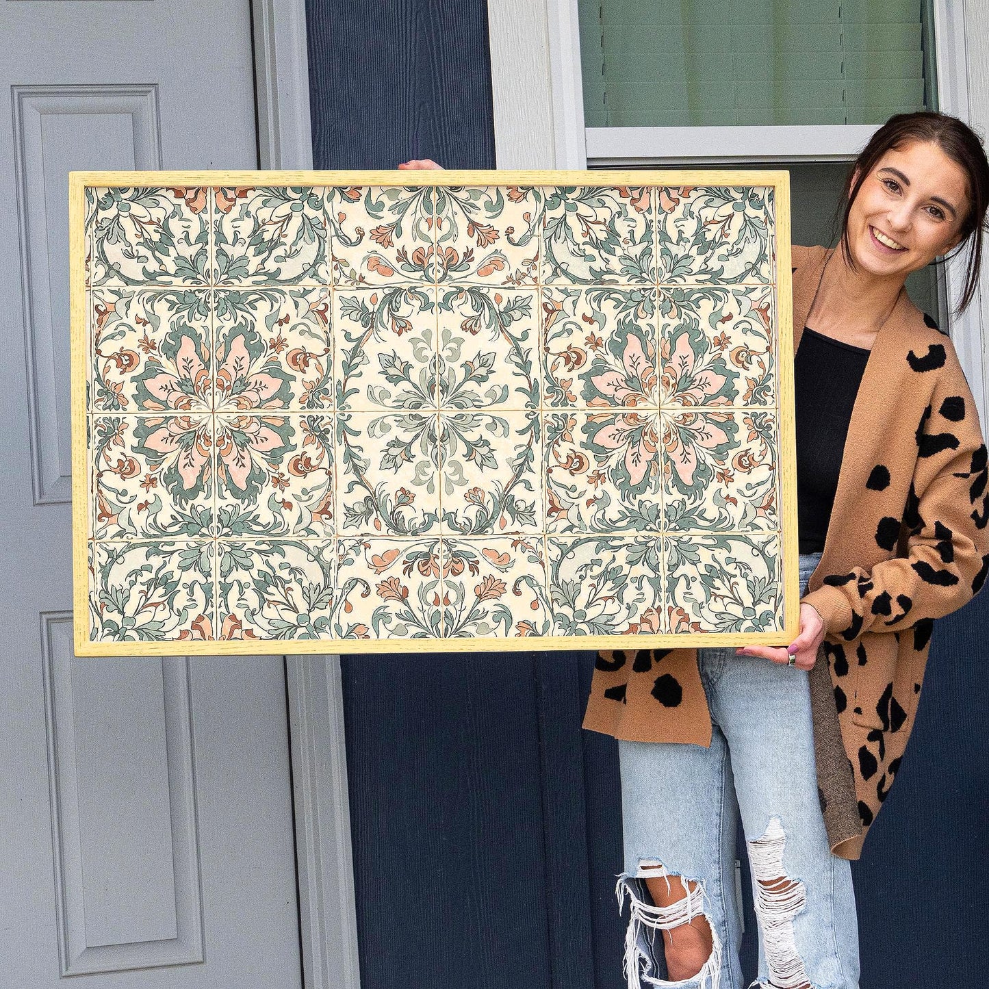 Vintage Tile Pattern Wall Art | Oak Framed Canvas Print for Kitchen, Entryway or Hallway | Boho Farmhouse Tile Decor | WM22