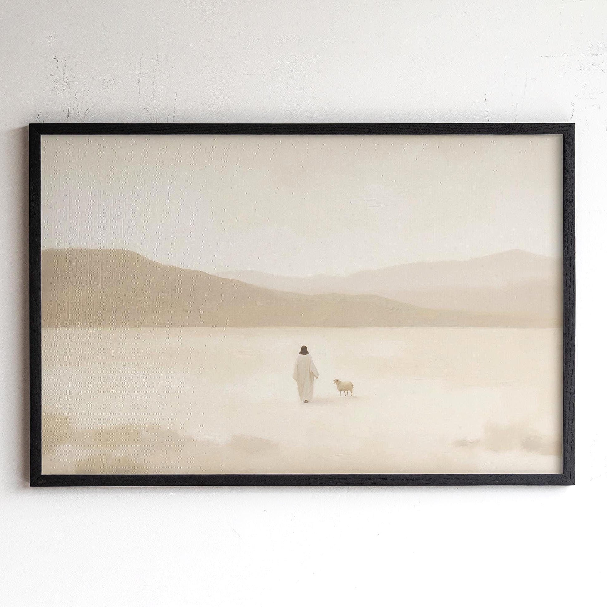 Jesus and the Lost Sheep Wall Art | Christian Framed Art | Luke 15:4 Canvas Art | Minimalist Christian Bible Verse Wall Art